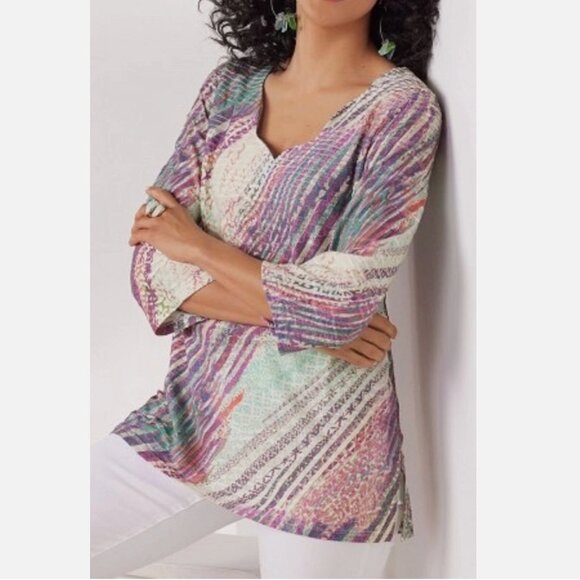 Soft Surroundings M Estampa Printed Textured Tunic Top 3/4 Sleeve Purple 2EC50 - Picture 6 of 7